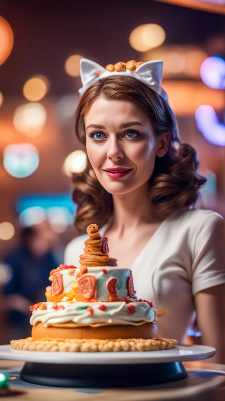 portrait of cute woman muzzled like a cat, baker of the highest advanced art cake sculpture during a casino game show, bokeh like f/0.8, tilt-shift lens 8k, high detail, smooth render, down-light, unreal engine, prize winning