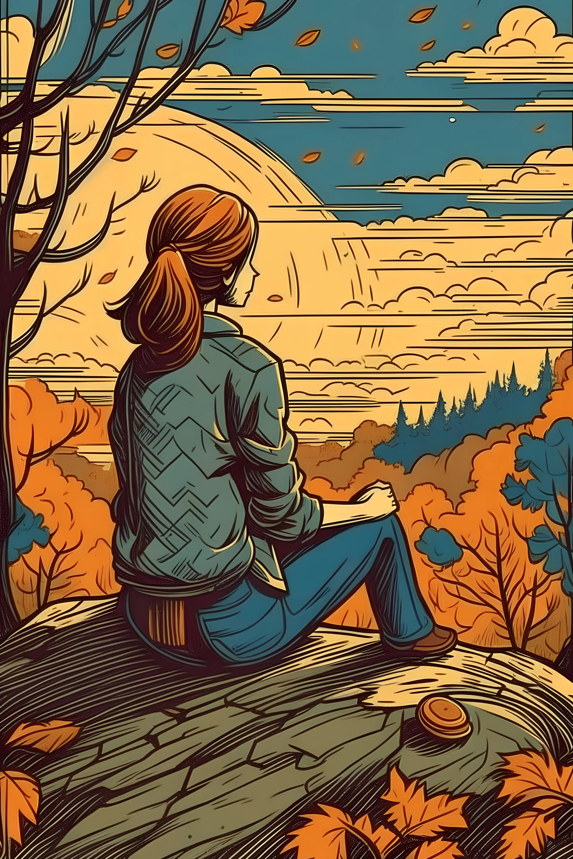 i wanna a ilustration with a woman psycologist sad sitting on your back sitting on her back looking towards the horizon with a souvenir photo in her hand , cause someone die and she is at fall autamm envieroment wiht a tone sad