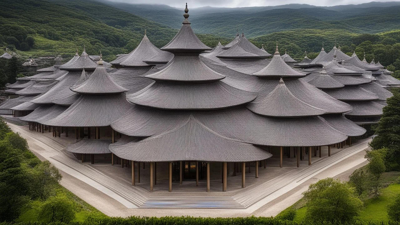 2055, rule of thirds, delightful, sensitive, confident, undulating sinusoidal castle with pointed hyperbolic roofs, delicate, wind and rain, symmetrical, exquisite architecture, innovative design, perfect symmetry, award-winning photograph, beautiful composition, filled with beautiful detail, delicate colour, chiaroscuro