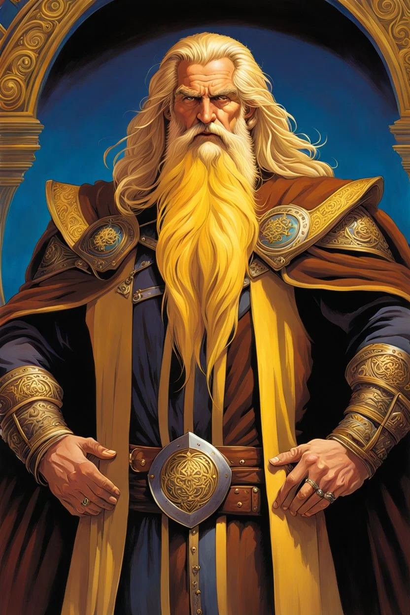 man big man in dark brown travelers cloth. he has long, unruly yellow hair and unruly yellow beard. show all of the head. anatomically correct hands. perfect hands. fantasy setting. concept art, mid shot, intricately detailed, color depth, dramatic, 2/3 face angle, side light, colorful background. Style of Michael Whelan