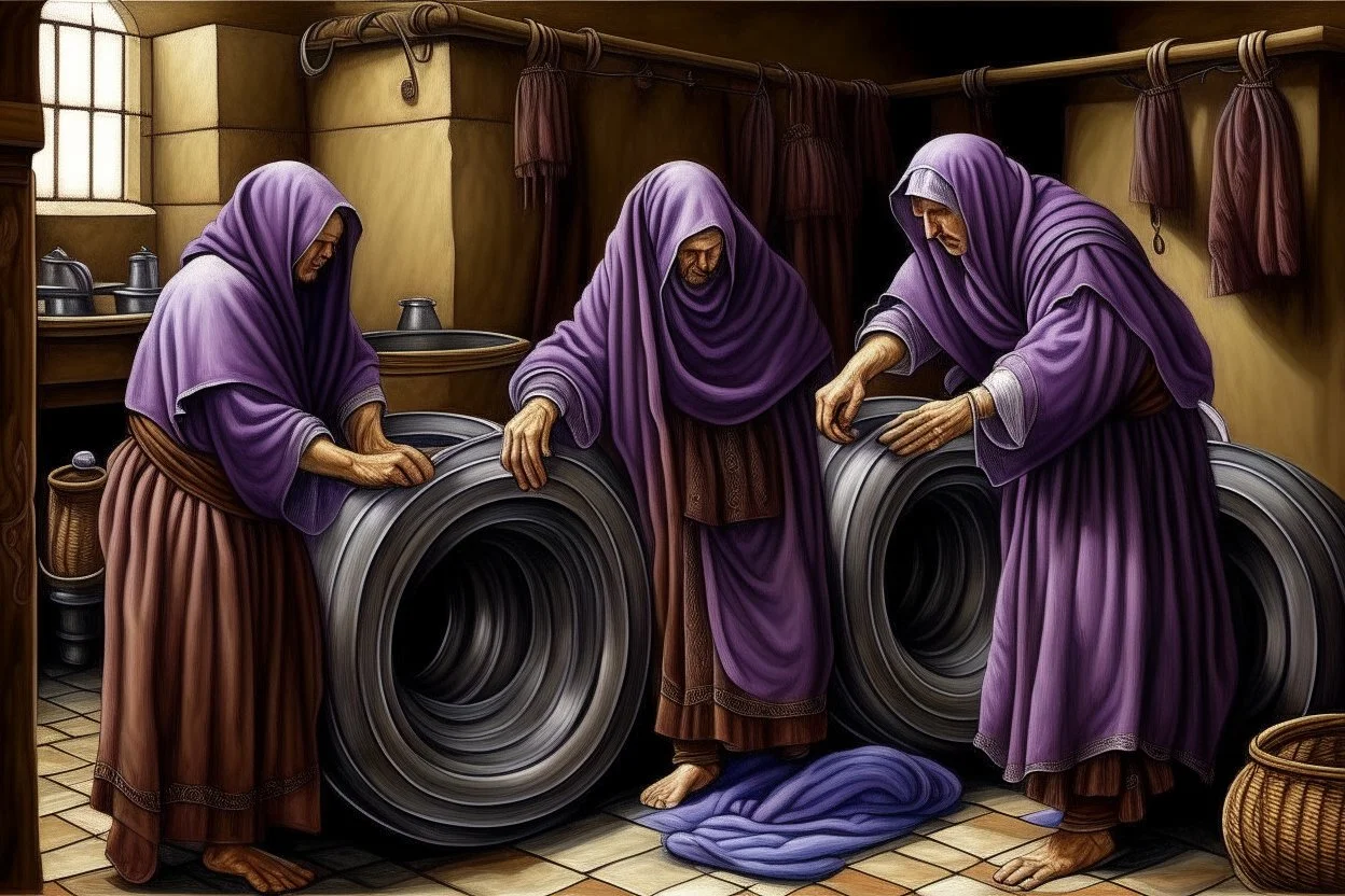 Medieval monks doing their laundry with a modern washing machine but make it a medieval oil painting by Leonardo da Vinci make it purple.