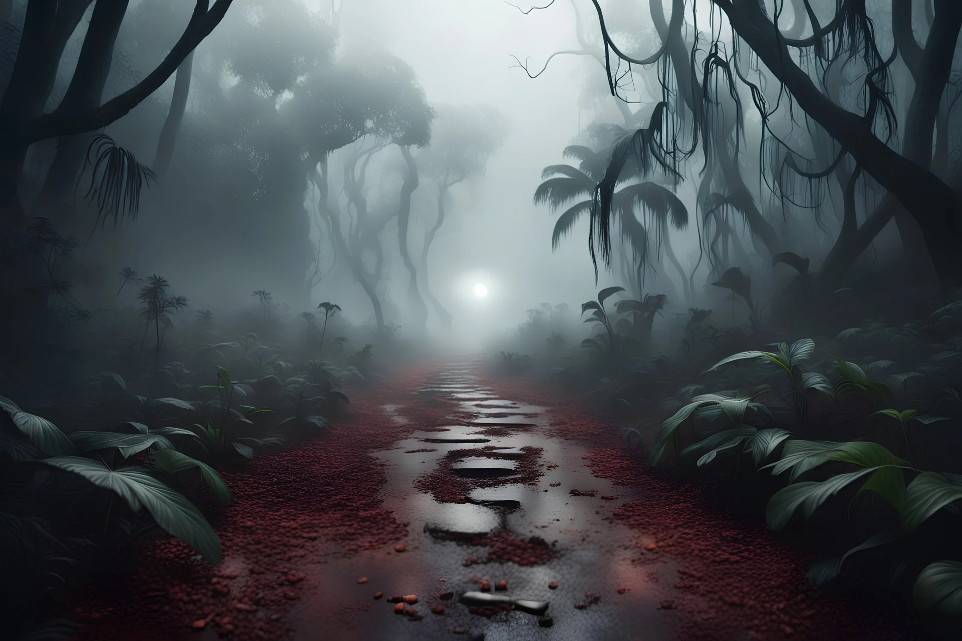 realistic scene surrealis horror, dead head on the path, jungle background, bold mist, fog, cinematic, dramatic lighting