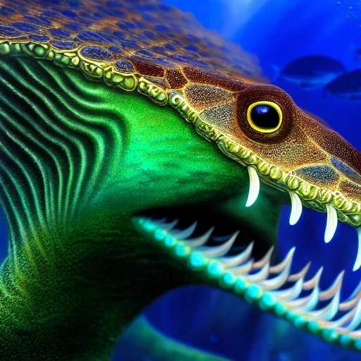 ultra detailed fullbody portrait of Lernean Hydra underwater, extremely detailed digital painting, intrincate, extremely detailed face,crystal clear Big eyes, in the style of rafael sanzio, mystical colors , perfectly centered image, perfect composition, rim light, beautiful lighting, 8k, stunning scene, raytracing