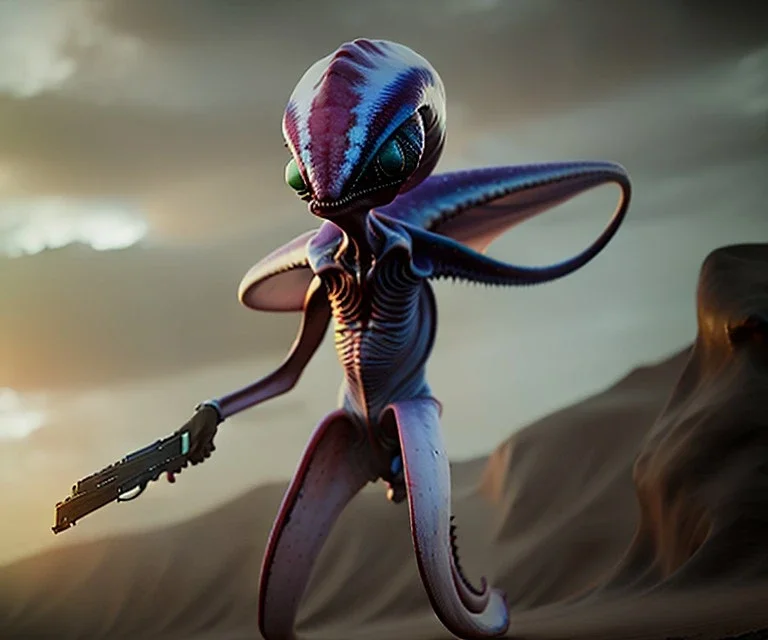 Alien, squid, metal, holding gun, pauldron, scales