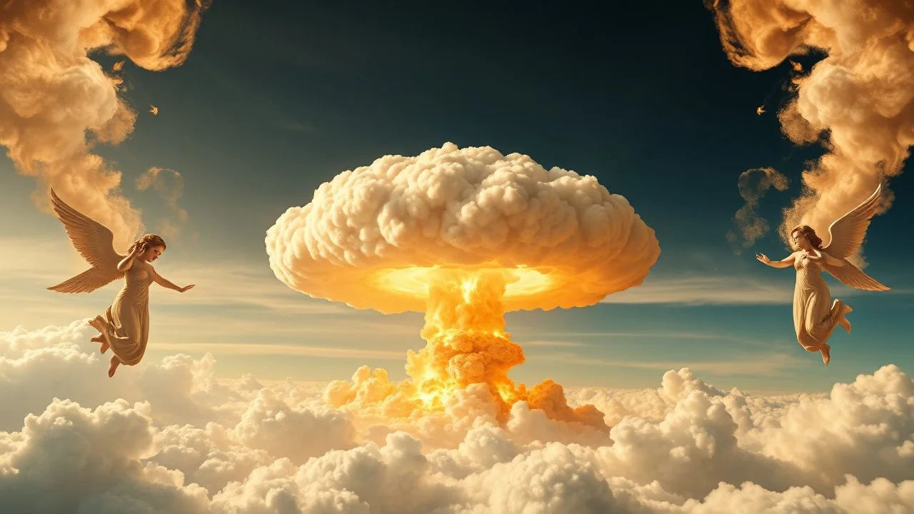 a nuclear explosion cloud(middle), the wind and smoke from the explosion forming shapes of dancing women with small angel wings(left and right sides) like cherubs in the clouds, religiose art