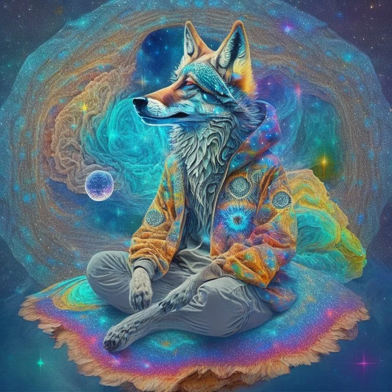 celestial psychedelic wolf made of fractals wearing a mexican jacket sitting on. giat mushroom in between stars