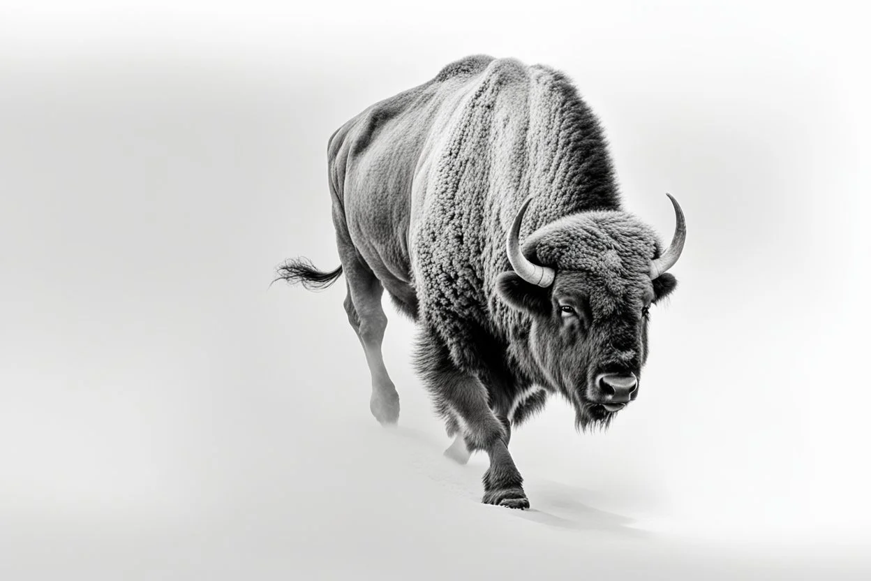 Bison walking towards viewer's right, on white background, fades out on the left