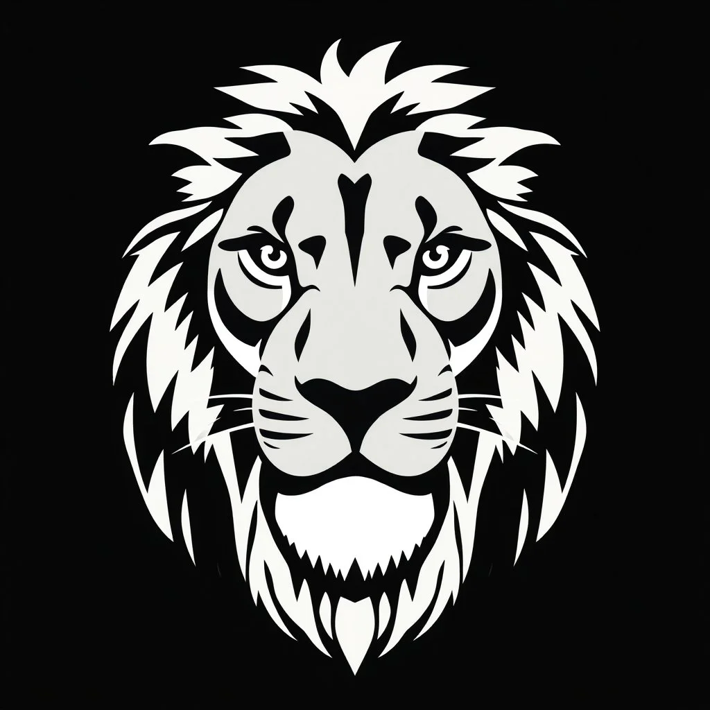 front facing lions face, black and white simplified vector logo