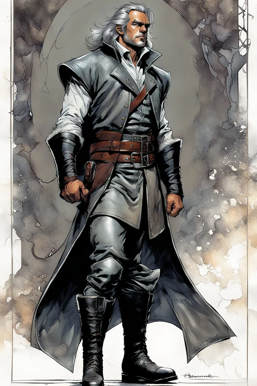 Create a fine art print , full body illustration of an epic fantasy character of Lankhmar , The Grey Mouser , with finely lined and detailed facial features, in an open laced fur jerkin, grey leather breeches , a long belted sash at the waist, ,battered soft leather boots, , in the comic book style of Bill Sienkiewicz, Howard Chaykin, Mike Mignola, Philippe Druillet, and Jean Giraud Moebius, precisely drawn, colored and inked