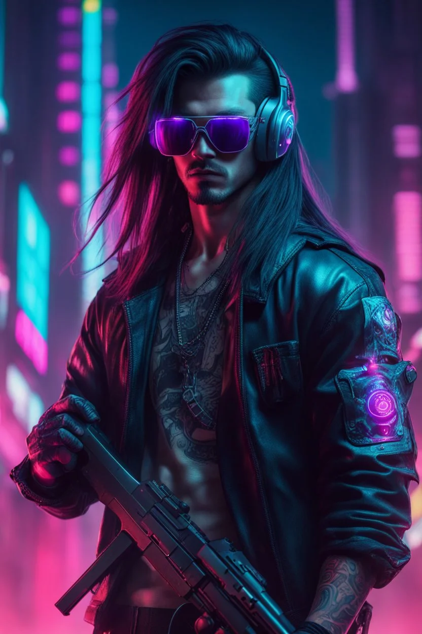 male cyberpunk solo with long hair, korean, Wearing Urban Gang Flash and mirrored dark sunglasses, and gun, headaphone, strong cyber warrior, black tatoo, attrakvtive man, Retroanime, rembradt lighting, neon complementary colors, dark vibe, scifi