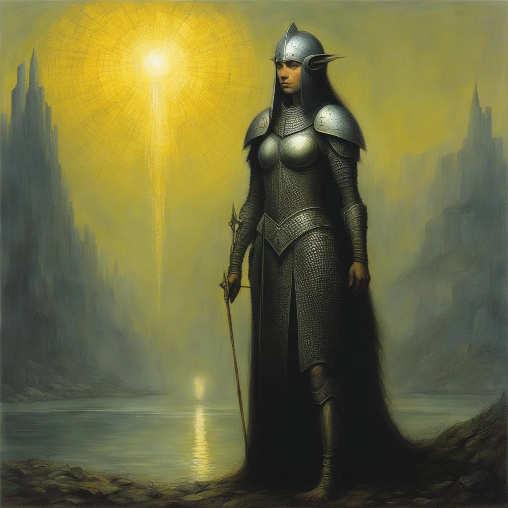 ConceptSheet by Zdzisław Beksiński: Felicia, a name that resonates with might, A ranger strong, her presence a beacon of light. Clad in chainmail, armor gleaming with pride, A pike in hand, her skills she won't hide.