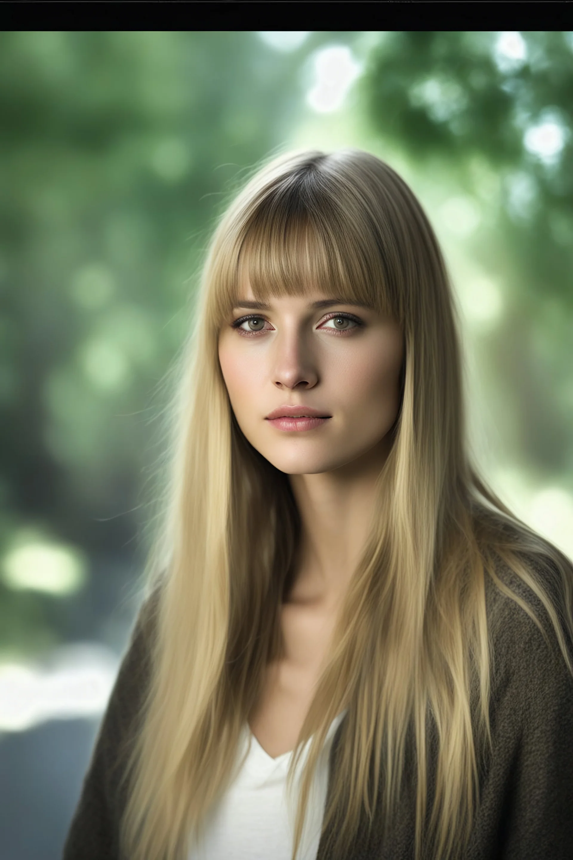 realistic stock photo, Realism engine, General Fast V2 (Flux), Create a realistic image of an 18-year-old Tina Midick with long, straight blonde hair, the bangs cut straight across the forehead, hazel eyes, a plump chest, Professional Photograph in the style of Ansel Adams, 4k, 8k, 16k, 32k. 100k UHD