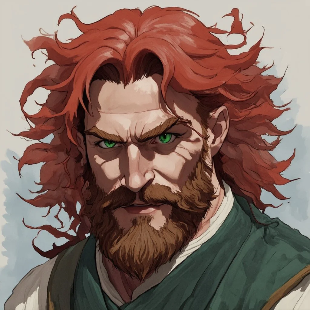 dnd, fantasy, watercolour, portrait, illustration, dull colours, male, dwarf, face, bearded, long brows, frugal, weathered face, green eyes, determined, happy, red hair, very long hair streaming down the shoulders, radiating light, five o'clock shadow, softer facial features, dignified