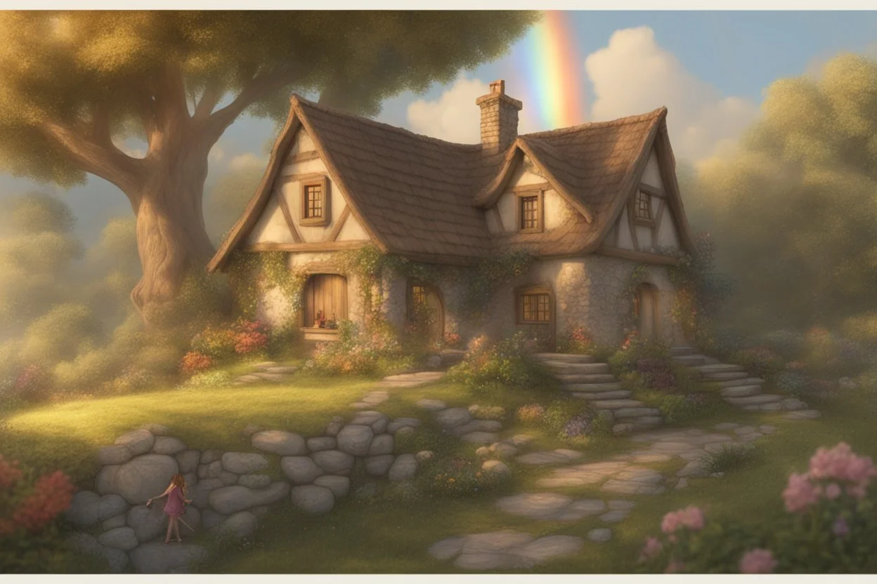 A special afternoon with a little cottage where the light twinkles and a fairy rests and a rainbow