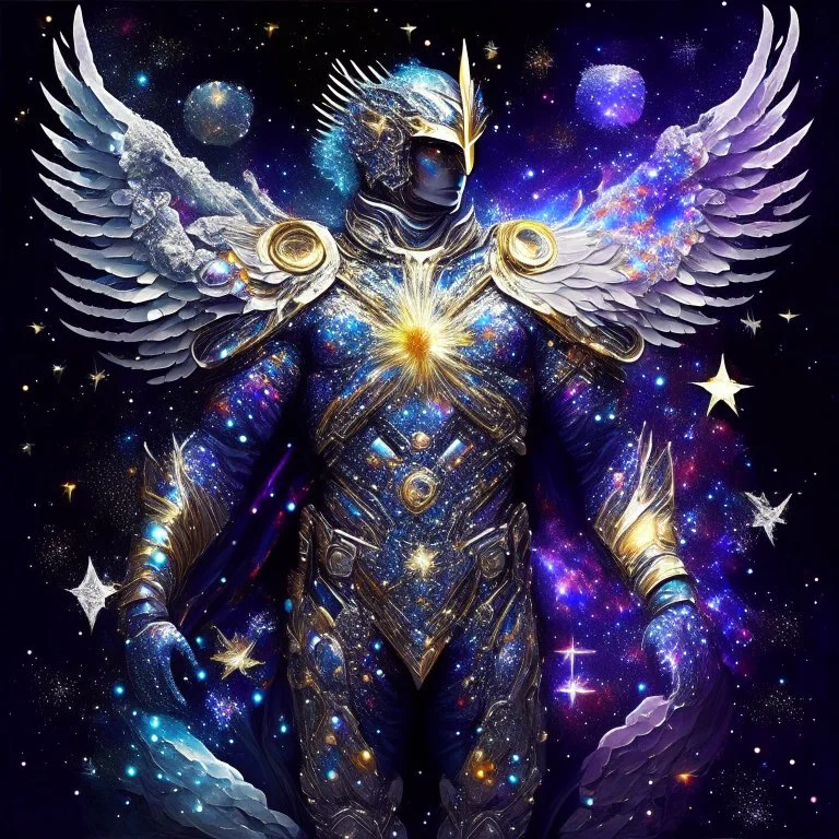 A battle suit made of galaxies and stars with a glove that has seven endless stones,A god-like man with infinite power who owns the galaxies,God-like man with infinite power who owns the galaxies and wears a beautiful crown, a jewel of diamonds and galaxies with weapons riding on a creature with an eagle head and eagle wings and eagle hands