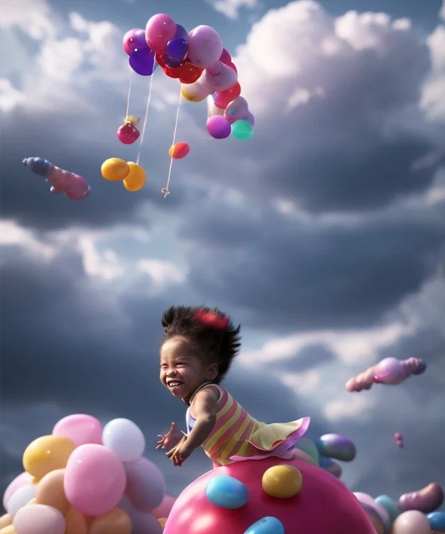 Ultra realistic speed clouds sky scene, wide angle view, child falling down with many Children background, inflatable monsters, circus dress style, feather color, free jumping flying, many trinkets, hair monster, many jelly beans, balls, color smoke, smile, happy, extreme, wind, clouds sea, 20,000 feet altitude, stratosphere, soft color, highly detailed, unreal engine 5, ray tracing, RTX, lumen lighting, ultra detail, volumetric lighting, 3d, finely drawn, high definition.