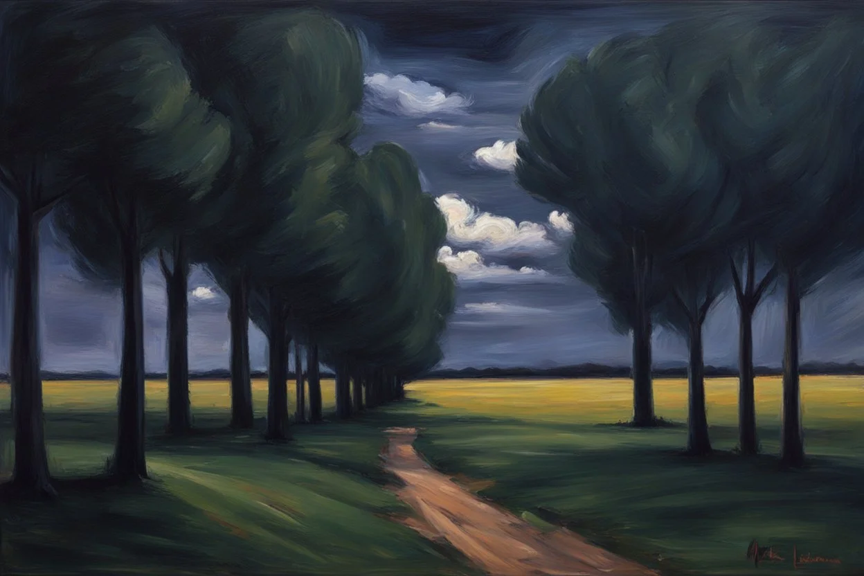 Trees, night, clouds, 2000's sci-fi movies influence, max liebermann impressionism painting