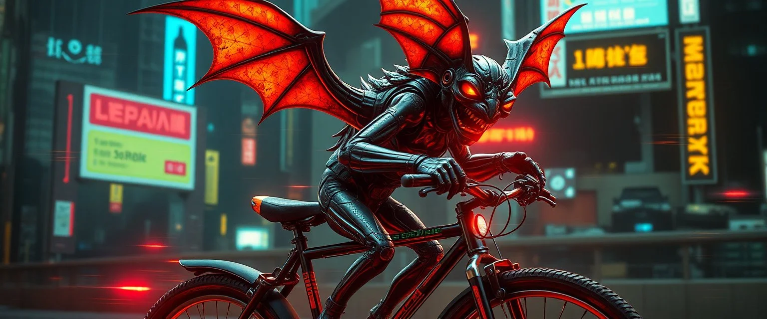 cyberpunk imagery synchronized mechanical gremlin bat drumming bicycle flickering stable core