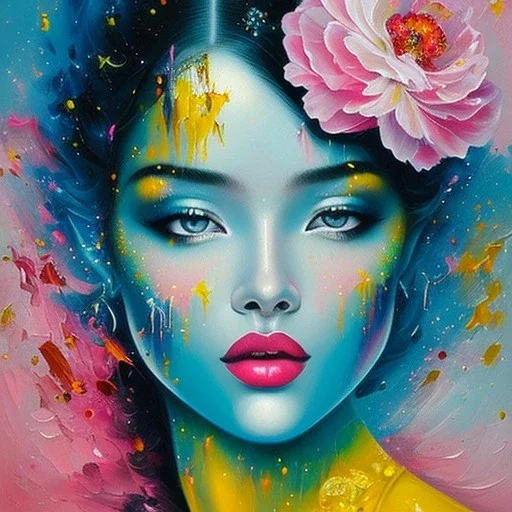 iv_a painting of a young woman, figurative art, an acrylic detailed painting, , brush strokes, paint drips and drabs and splatters by Chris Ofili and Bryen Frost, pexels, turquoise pink and yellow, james terrell art, blue background by Harumi Hironaka, trending on artstation, soft lines, paint drips and drabs and splatters by jana brike, fauvism, highly detailed sharp focus smooth elegant illustration by artgerm dreamy and ethereal intricate art by bastien lecouffe deharme and greg rutkowski,