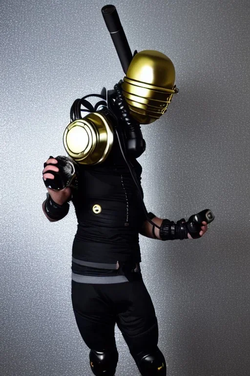 Metallic Cyber-punk man with camera-mask and old AKG-style headphones with golden rings. Fencing mask covers man's cheeks. Good body shape. Reflective plastic. Body and head full of integrated old-fashioned cameras. Ancient silver telephone attached to perfect body, trunk. Euclidean 3D-tiling, Escher tiling, background. Cables from shoulders, hanging. Daft Punk, Tron&Matrix movies, black leather jacket, tippet. Cyan latex areas in black leather surfaces body. 1990's. Trypophobia, noctuid eyes