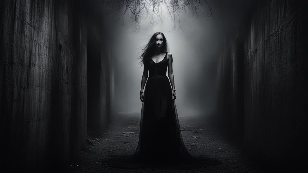 monochrome photo of very blur face pale woman blac dress saround her darkness and blur gray fog, back her one black demon shadow hug she, dark gray old wall, darkness around, sad, surreal dark vibe, dangerous, emotional, , dark shadow, dark fantasy, cinematic