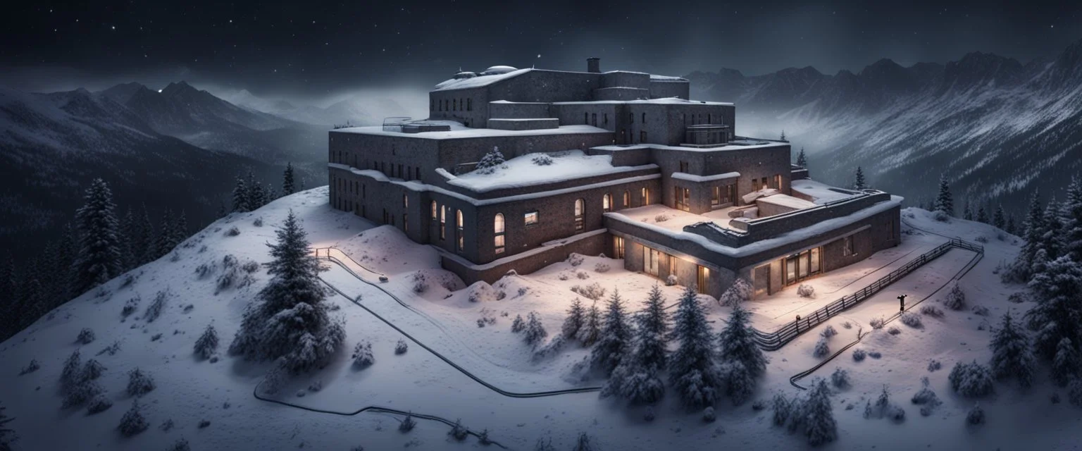 Hyper Realistic areal view of an dark abandoned hospital on the top of a mountain at heavy snowfall night