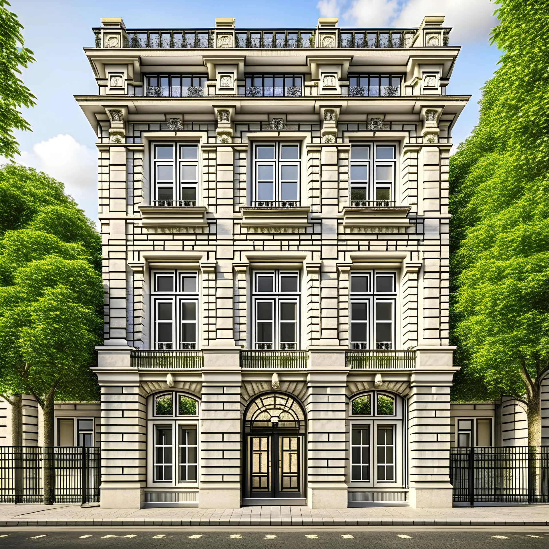 A simple, neo-classical 8-storey residential façade design with a shell