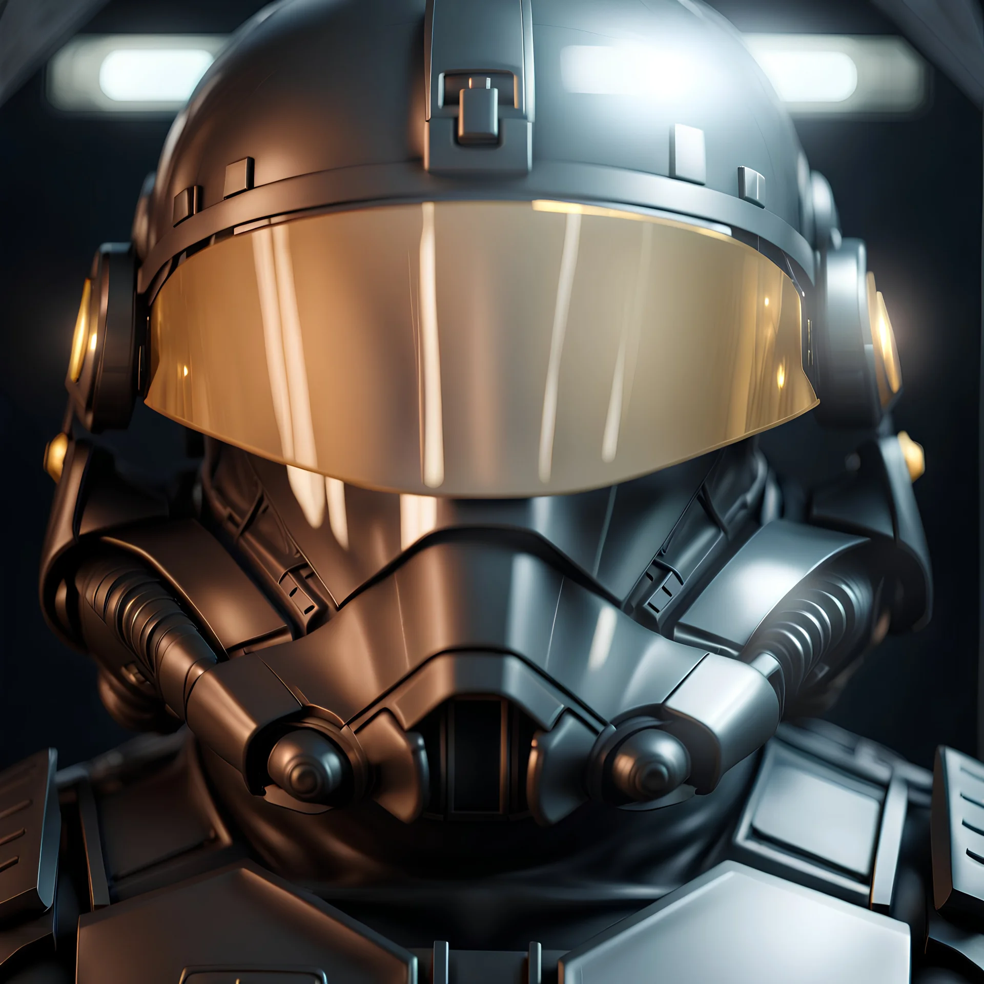 star wars bald male corellian pilot wearing dark gunmetal grey and black First Order special forces TIE pilot armored flightsuit and helmet with gold trim and gold mirrored visor inside the jedi temple, centered head and shoulders portrait, hyperdetailed, dynamic lighting, hyperdetailed background, 8k resolution, volumetric lighting, light skin, fully symmetric details