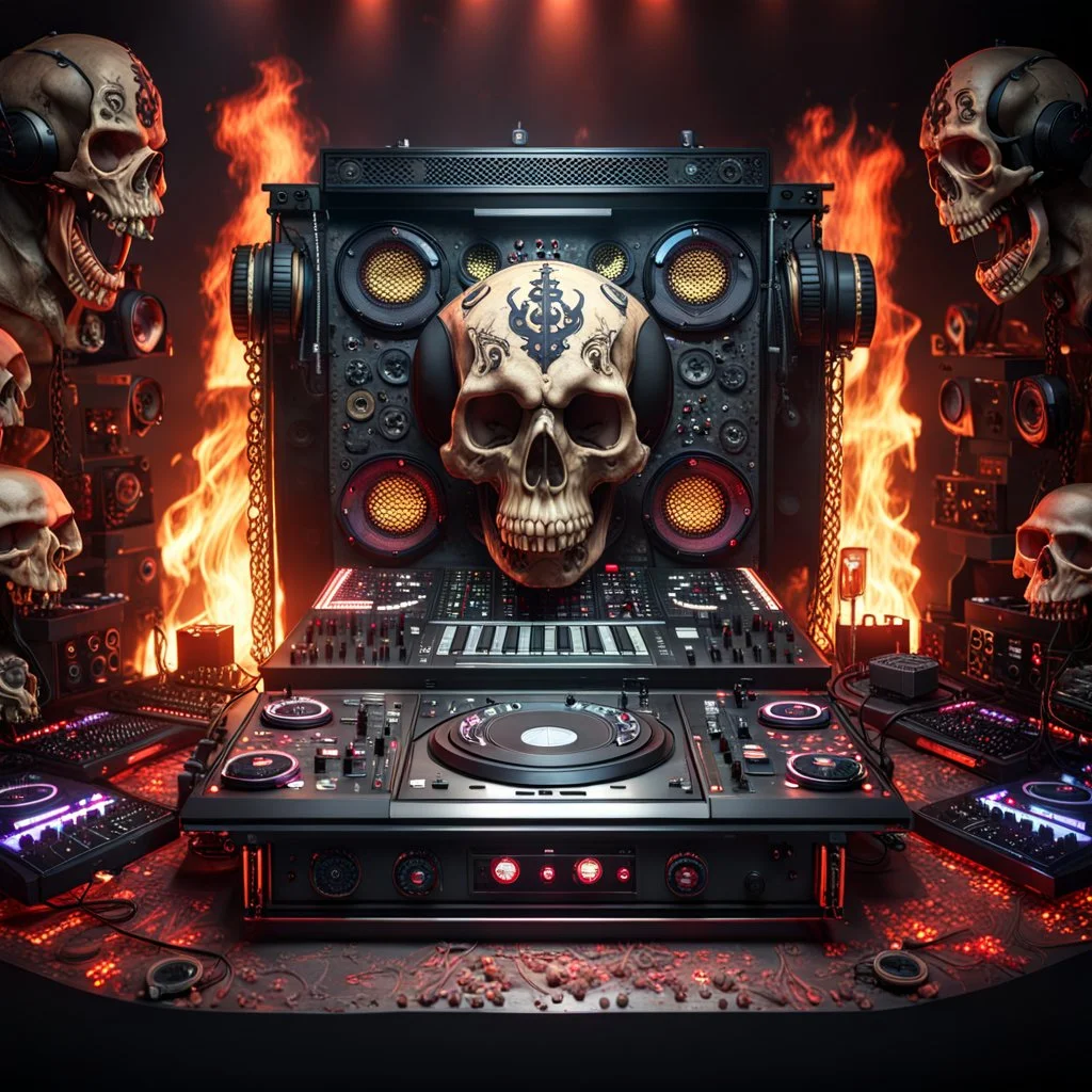 DJ of the damnded, insanely detailed DJ booth in hell, MID set, speakers and equipment made of bone, anatomically correct, add more skulls in th audience, photorealism, vray, 8k 3d https://stablecog.com/generate?o=a67b60e0-edd2-418d-9744-d1d585055d7fv https://stablecog.com/generate?o=93026b00-ac6b-436a-bc57-6aa04073d4a9