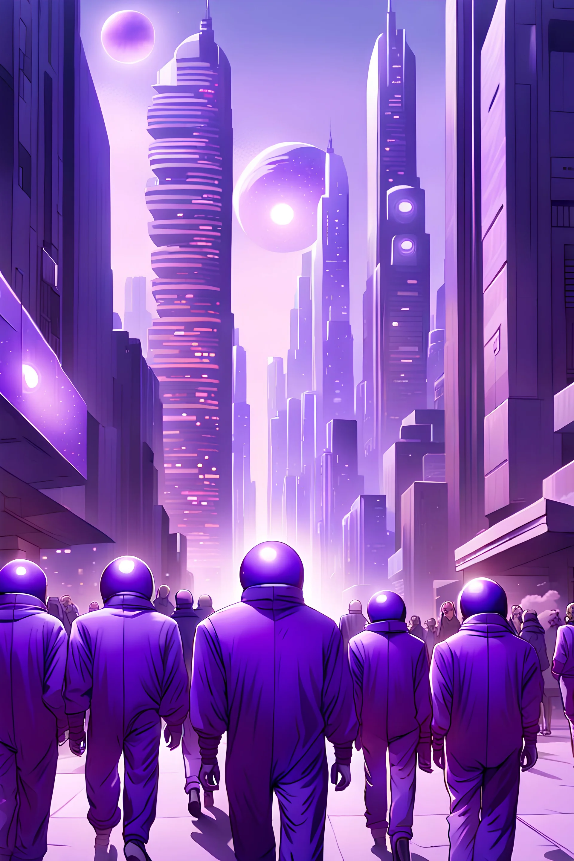 Futuristic city with giant apartment complexes, and citizens all walking down the sidewalks in unision wearing the same purple jumpsuits without helmets, all looking the same, happy to live in the totalitarian society. A giant white and purple eye watches over the people in the sky as a beaming light of holiness. The citzens walk side by side in a line of 2 on the sidewalks. They wear no helmets