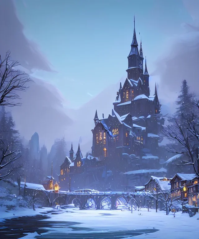 A magical snowy warlock castle with river canals in Christmas time