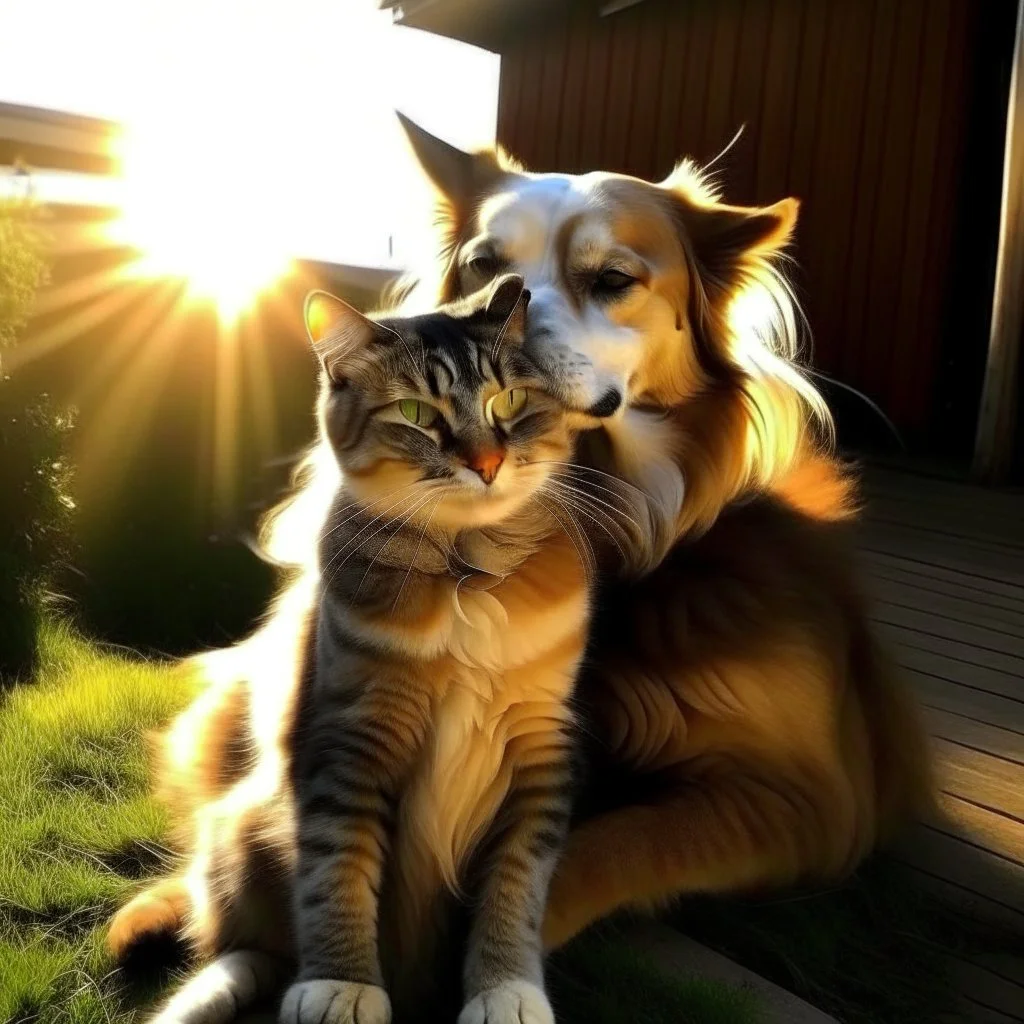 dog and cat, hug, the sun