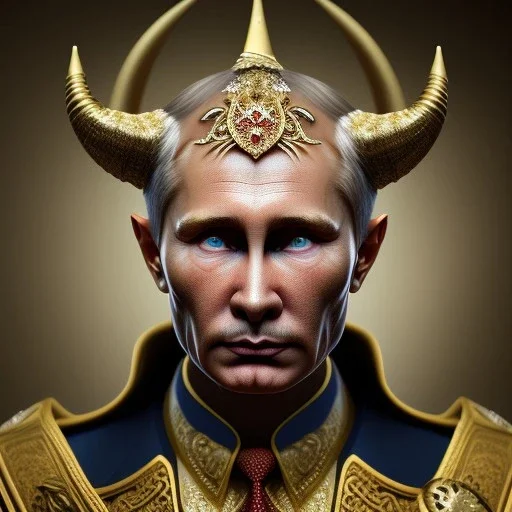 Putin as LUcifer with horn, Character Portrait, magnificent, majestic, highly intricate gigantic, Realistic photography, incredibly detailed, ultra high resolution, 8k, complex 3d render, cinema 4d