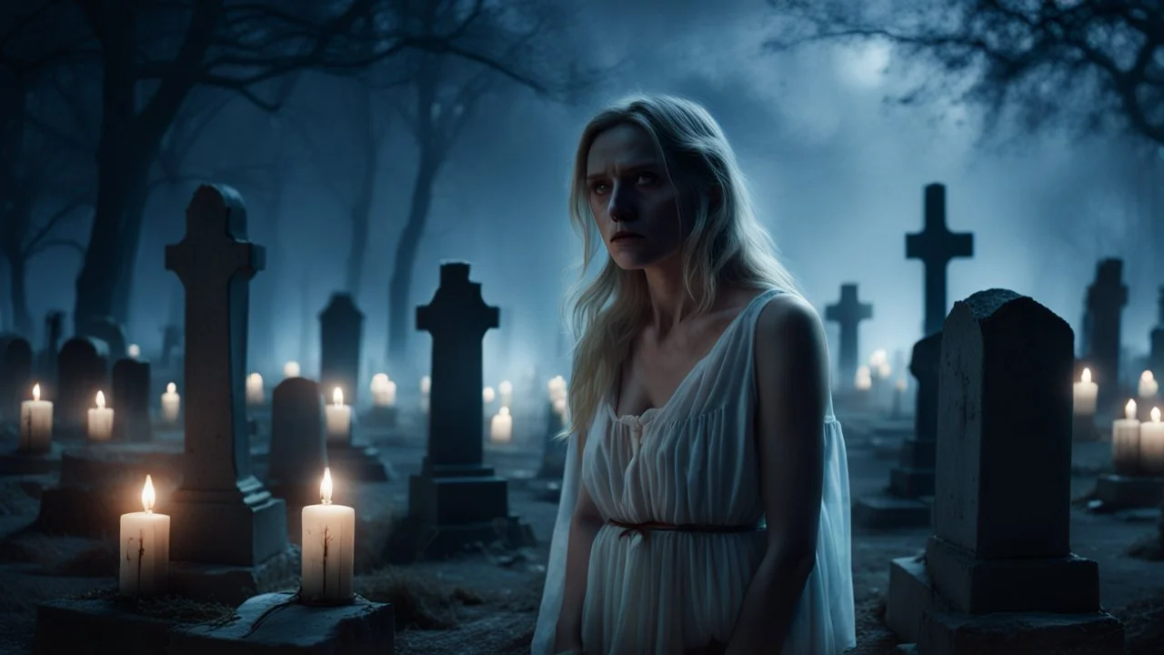 High-resolution, ultra-realistic, 4K cinematic image of a dimly lit villager cemetery at 3am. A blonde very sad woman dressed in white High-resolution, ultra-realistic, 4K cinematic image of a dimly lit villager cemetery at 3am. A blonde very sad woman dressed in white canvas vintage Nightgown. With an expression of pain, closed eyes, crying, surrounded by tombstones and some dark tree and candle, dark blue night with stars.