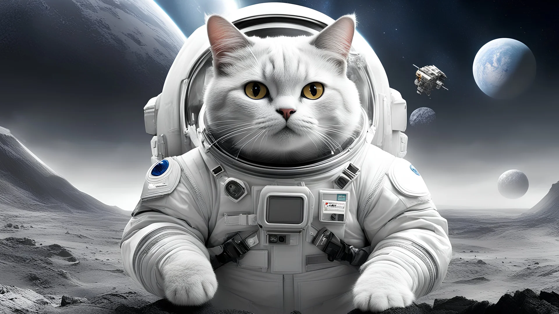 (("Interstellar" (text logo:1.9) <lora:Harrlogos_v2.0:1.9>)), (full body), (((fat cats))), (Interstellar movie splash screen, fluffy fat cat dressed as an astronaut on another planet)), white and gray colors predominate, hyper-detailing, hyper-realism, sharp shot, cinematic, action-packed background