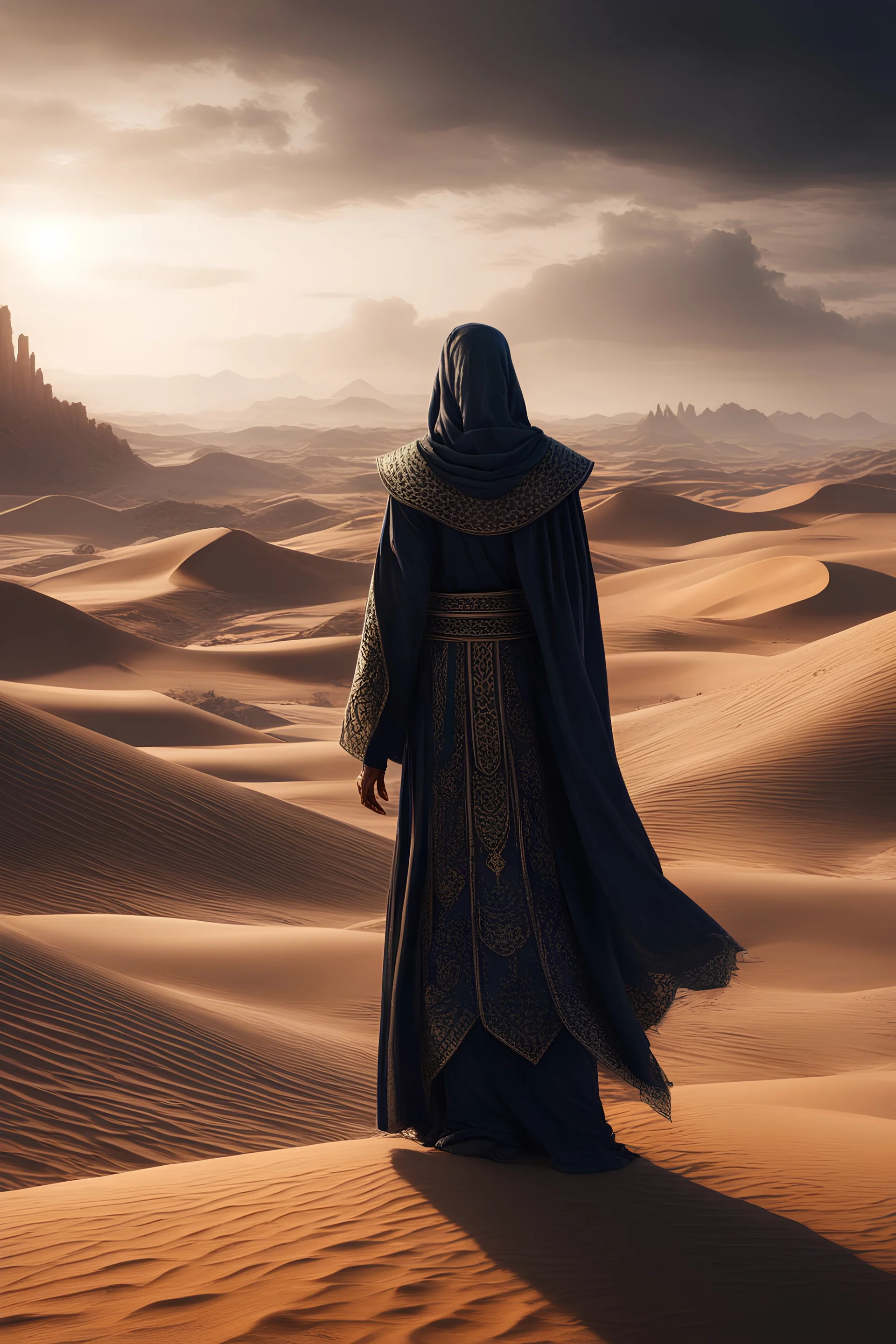 Epic magical scene in desert fantasy Landscape, Highly detailed and different full body shots, in different cinematic model scenes, detailed eyes, in muslim robes, visible face with sharp eyes, angry and intimidating, dark fantasy, dark comic, composition perfect, beautifully detailed, intricate, highly detailed, trending octane rendering at art station, 8k artistic photography, photorealistic concept art, soft natural volumetric cinematic perfect light, chiaroscuro, beksinski, greg rutkowski