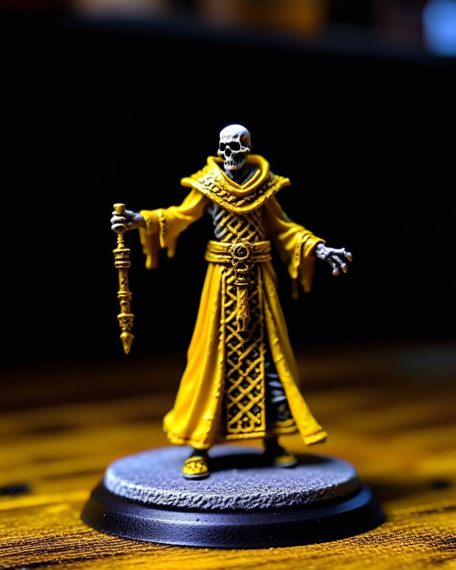 A photo of a tabletop role-playing miniature of a undead priest with yellow and black robes with minoan patterns. the priest is wearing a pallid mask. the miniature is full body. the picture is inspired by the works of john howe, alan lee and william morris.