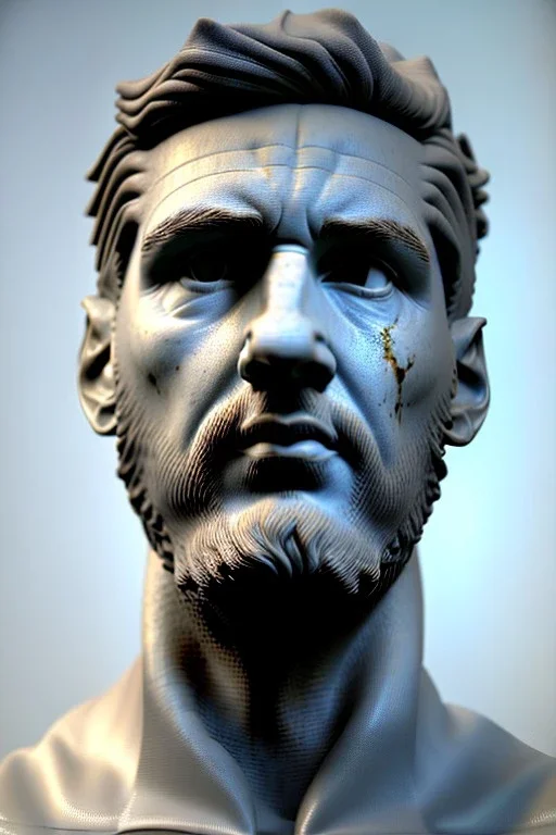 Ultra Realistic image, roman sculpture, white marble material, Lionel Messi, gold winner Laurel crown, miguel angel style, chisel style, emperor, waist up portrait, epic, celestial, cinematic lighting, God light, god rays, 4k resolution, smooth details, ornate details, soft lighting, unreal engine 5, sky and clouds background.