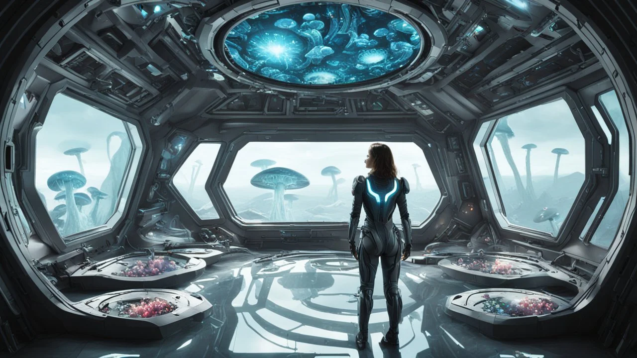 woman wearing an android suit standing inside the interior of an alien spaceship, with a large window, with mushrooms with jellyfish tentacles outside tentacles outside