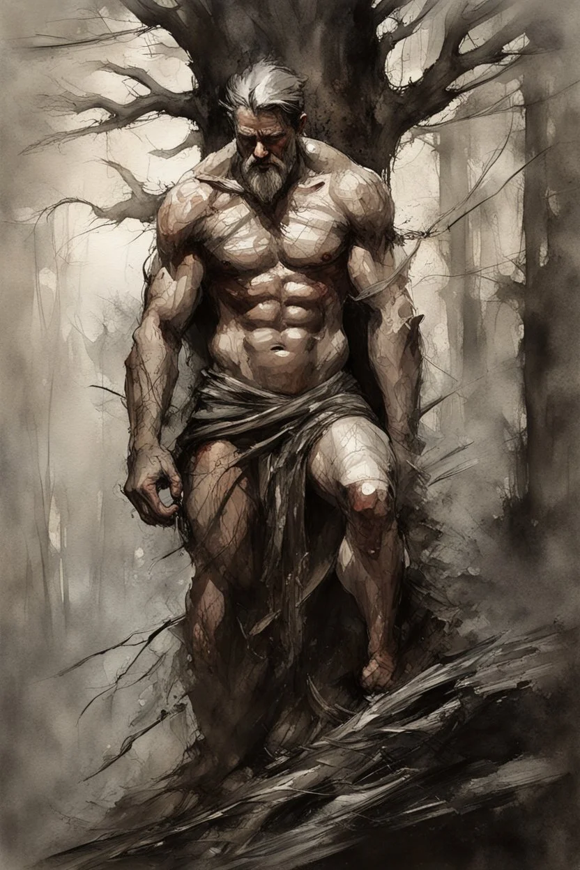 stone giant taller than trees, vivid emotions, watercolor, photorealism, dark fantasy, bad weather, gloomy day, dark world, sketch art, fine lines, grunge, sensual, darkness, by Raymond Swanland & Alyssa Monks & Anna Razumovskaya