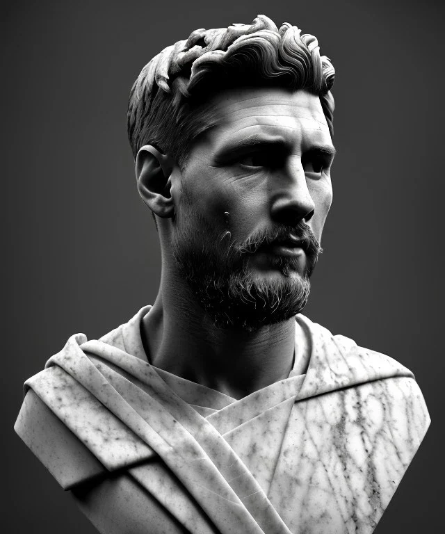 Gran angular, Realistic image, roman sculpture, marble material, Lionel Messi with Laurel wreath model, miguel angel style, emperador, God light, god rays, 4k resolution, perfect details, ornate details, soft lighting, unreal engine 5, soft cyan background.