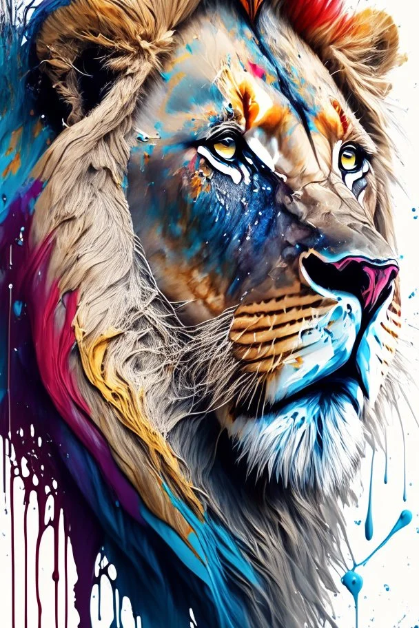 "lion", clean design, art station, splash of colorful paint, contour, ((solid white background)), gazing into camera, hyperdetailed intricately detailed, unreal engine, fantastical, cinema lighting, intricate detail, splash screen, complementary colors, fantasy concept art, 8k resolution, DeviantArt masterpiece, watercolor, paint dripping