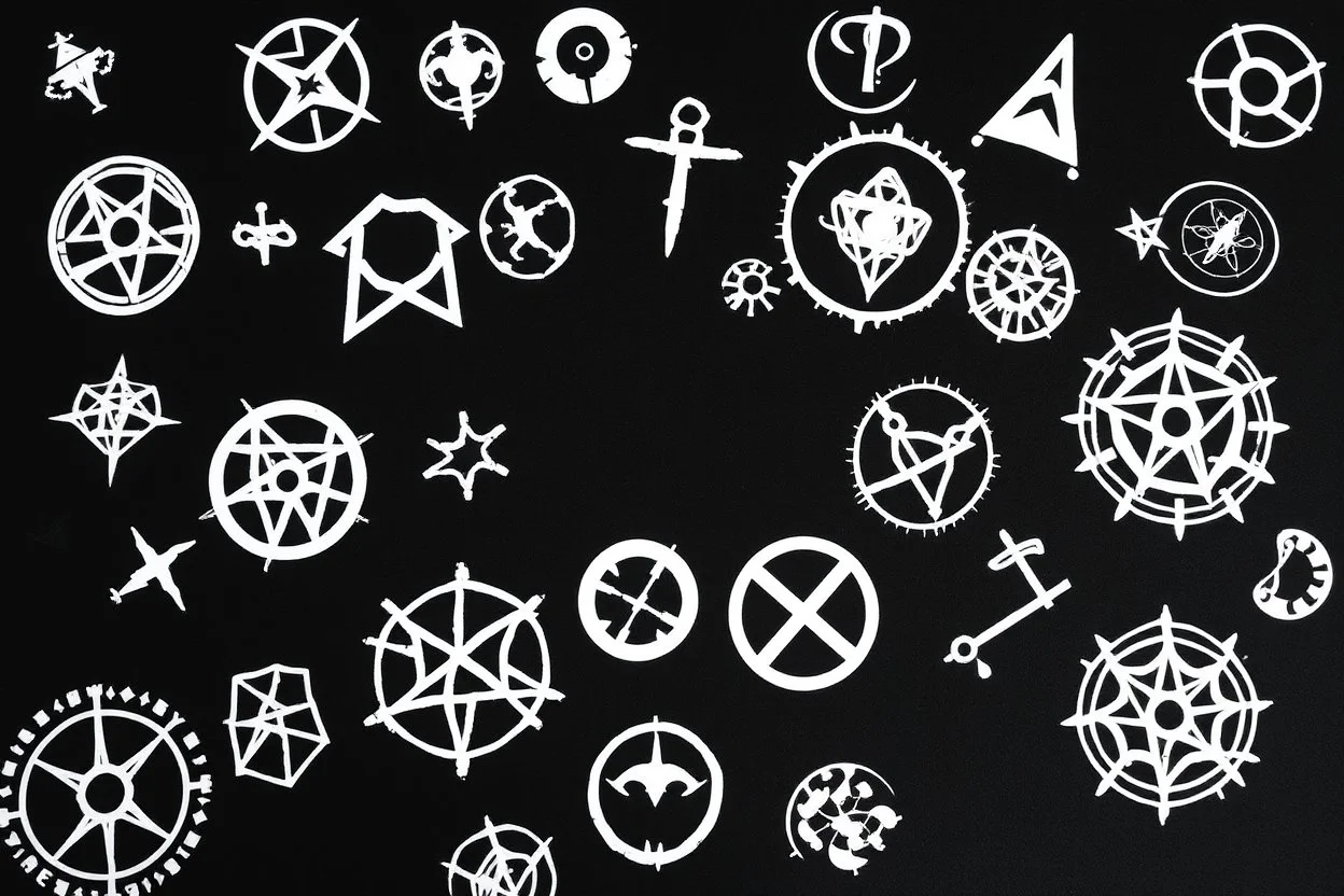 multiple different cryptic symbols spread out. white on black background