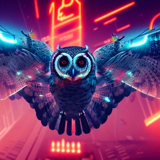 great illustrator, spanish, realistic rendering owl with metalic wings, red left eye, laced circuits, luminescent lights, bat flying, blade runner city, style, robotic bird flying. High details. 4k. unreal engine, dusk, red lasers in prospective