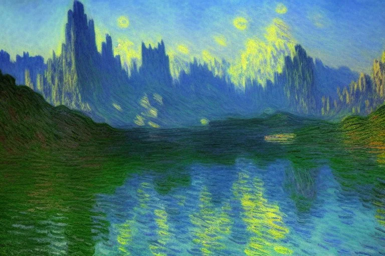 Mountains behind Cyberpunk buildings, lake, science fiction, concept art, realistic vision, claude monet impressionism painting