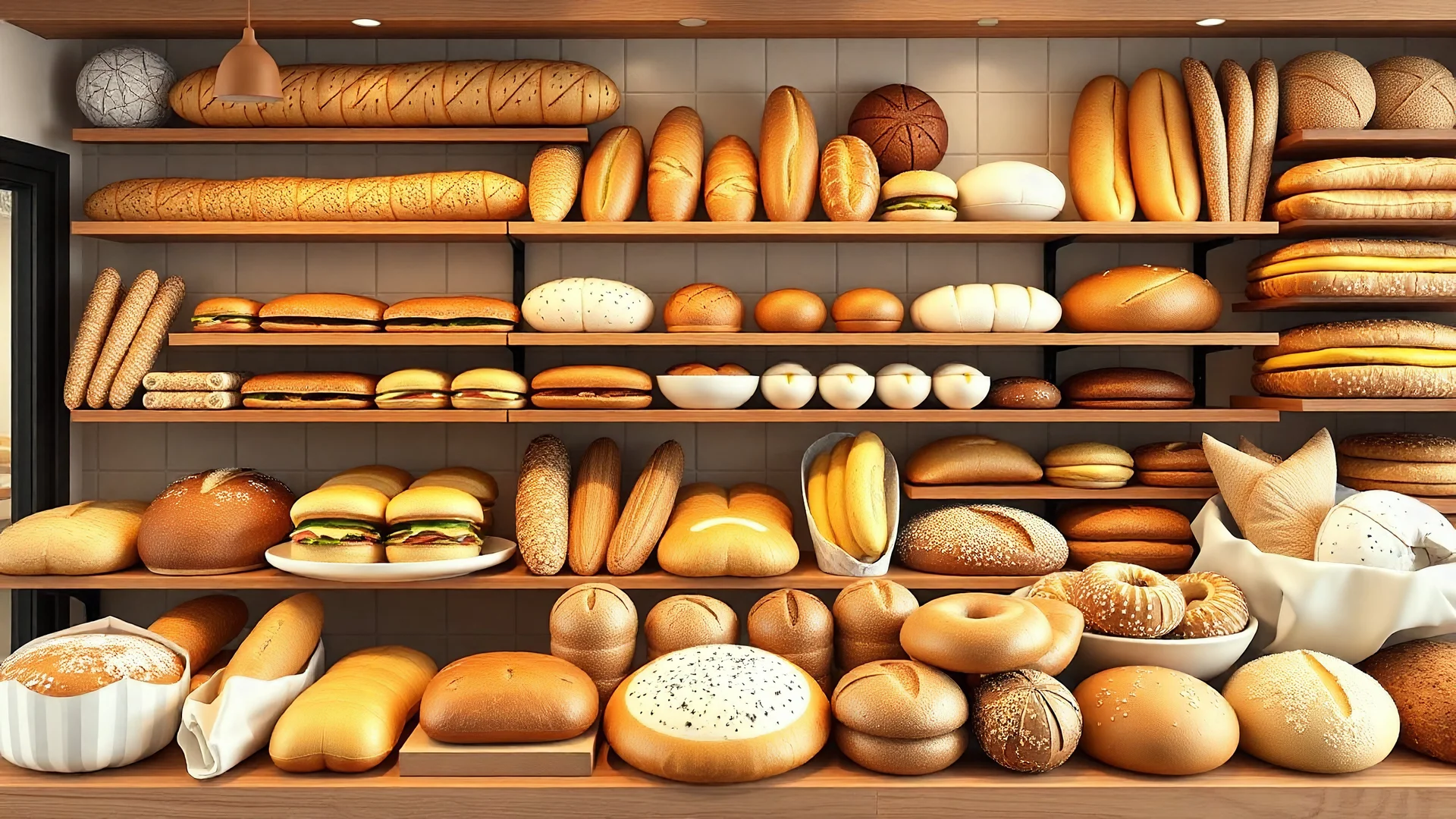 A design for a bakery shop filled with all kinds of fancy breads including baguettes, toasts, sandwiches, cheese balls, dumplings, toasts, toasts, bagels, bananas, bread steak, brioche, brownies, ciabatta, corn, pita, pretzels, pumpernickel, Rye, sourdough, tortilla, white, and whole wheat