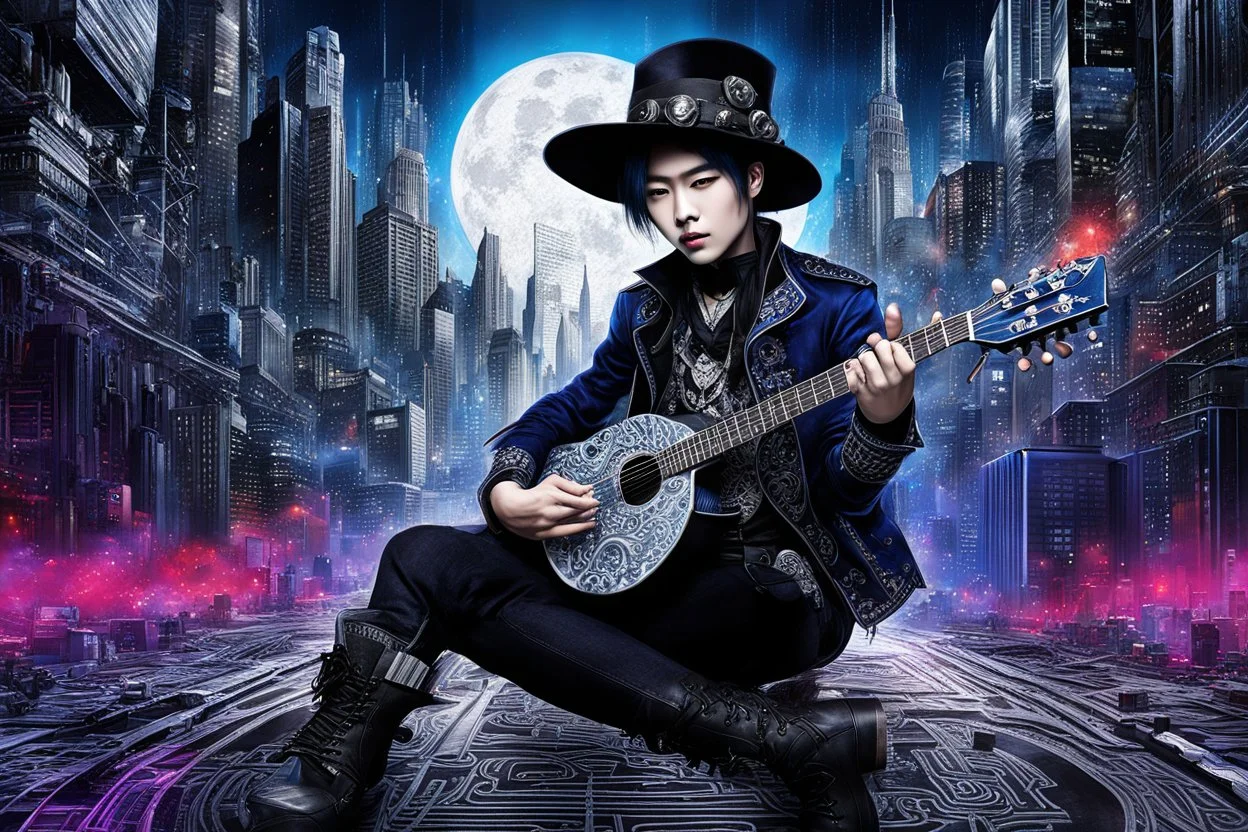 Mixed media picture, the background is black and white line art 3d cyber city In the middle a colorful photo of an attraktive goth asian man playing on the old guitare , wearing goth dark blue clothsirt, shiny black jeans, steampunk black hat and black boots, his hair is deep blue-black-silver colors, enhancing the contrast between her and the black and white cityscape space