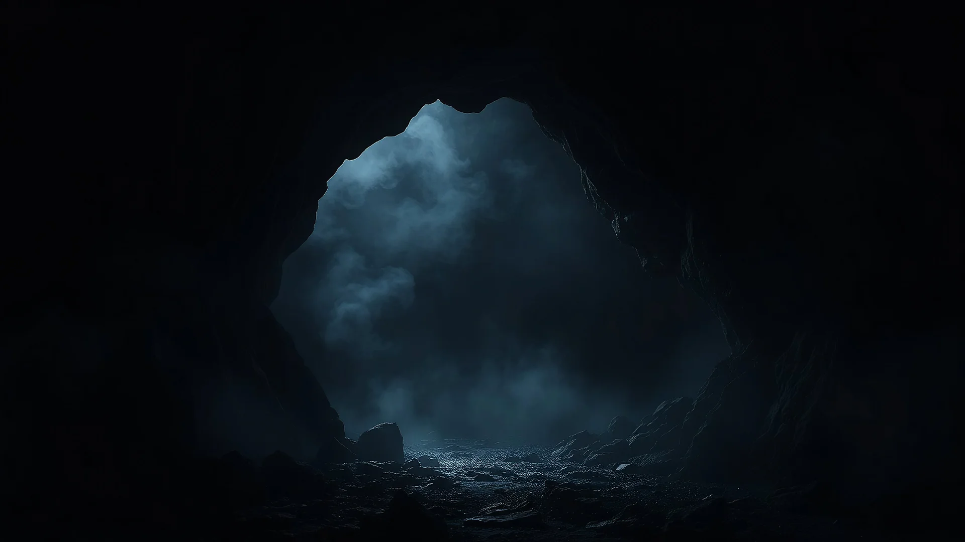 a dark spooky cave leading into pitch black darkness smoke, fantasy