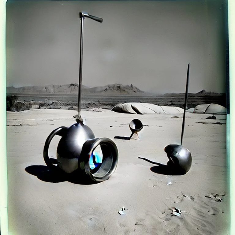 Odd spindle-shaped objects scattered over an arid surface, nothingness, polaroid, in Yves Tanguy style