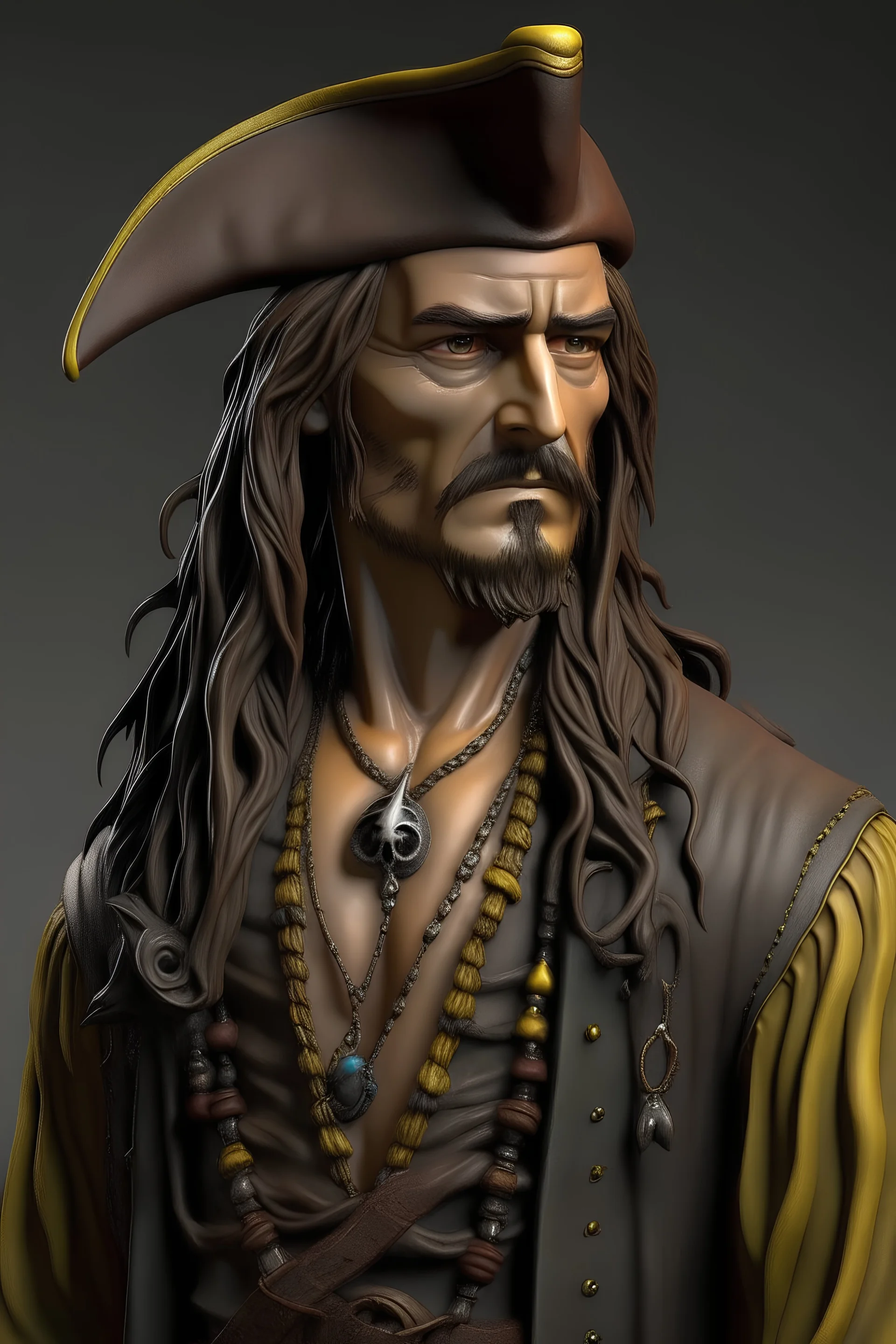 30 years old Jack Sparrow pirate, half body height ultra realistic